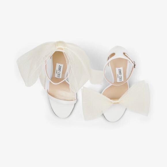 Jimmy Choo Aveline 100 Latte Sandals with Asymmetric Grosgrain Mesh Fascinator - Picture 4 of 8